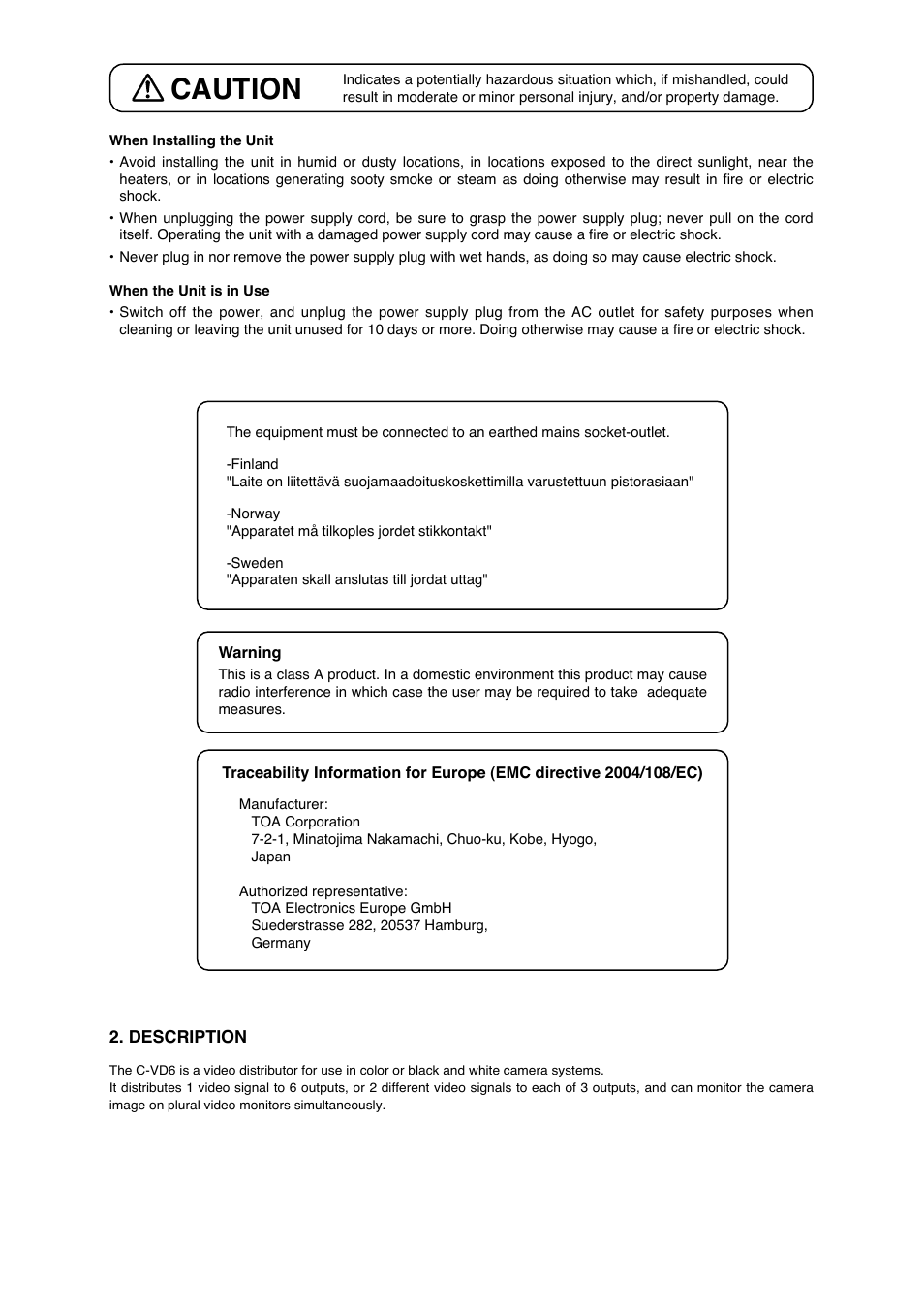 Caution | Toa C-VD6 HH User Manual | Page 2 / 4