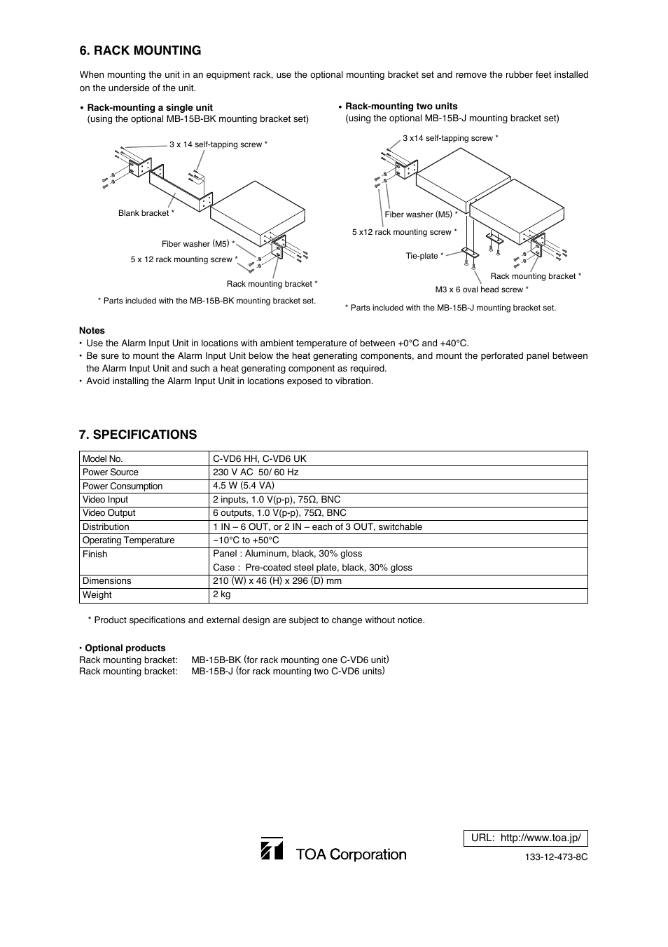 Specifications 6. rack mounting | Toa C-VD6 HH User Manual | Page 4 / 4