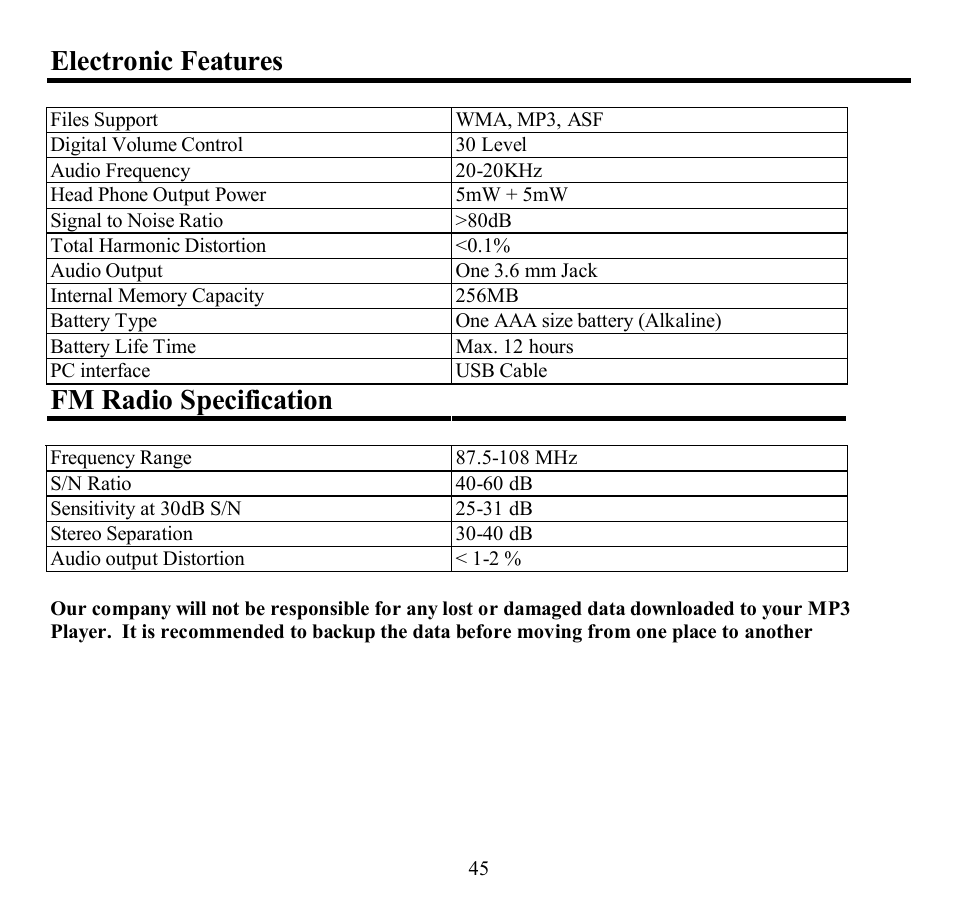 Electronic features, Fm radio specification | Hyundai H-F2563 User Manual | Page 45 / 95