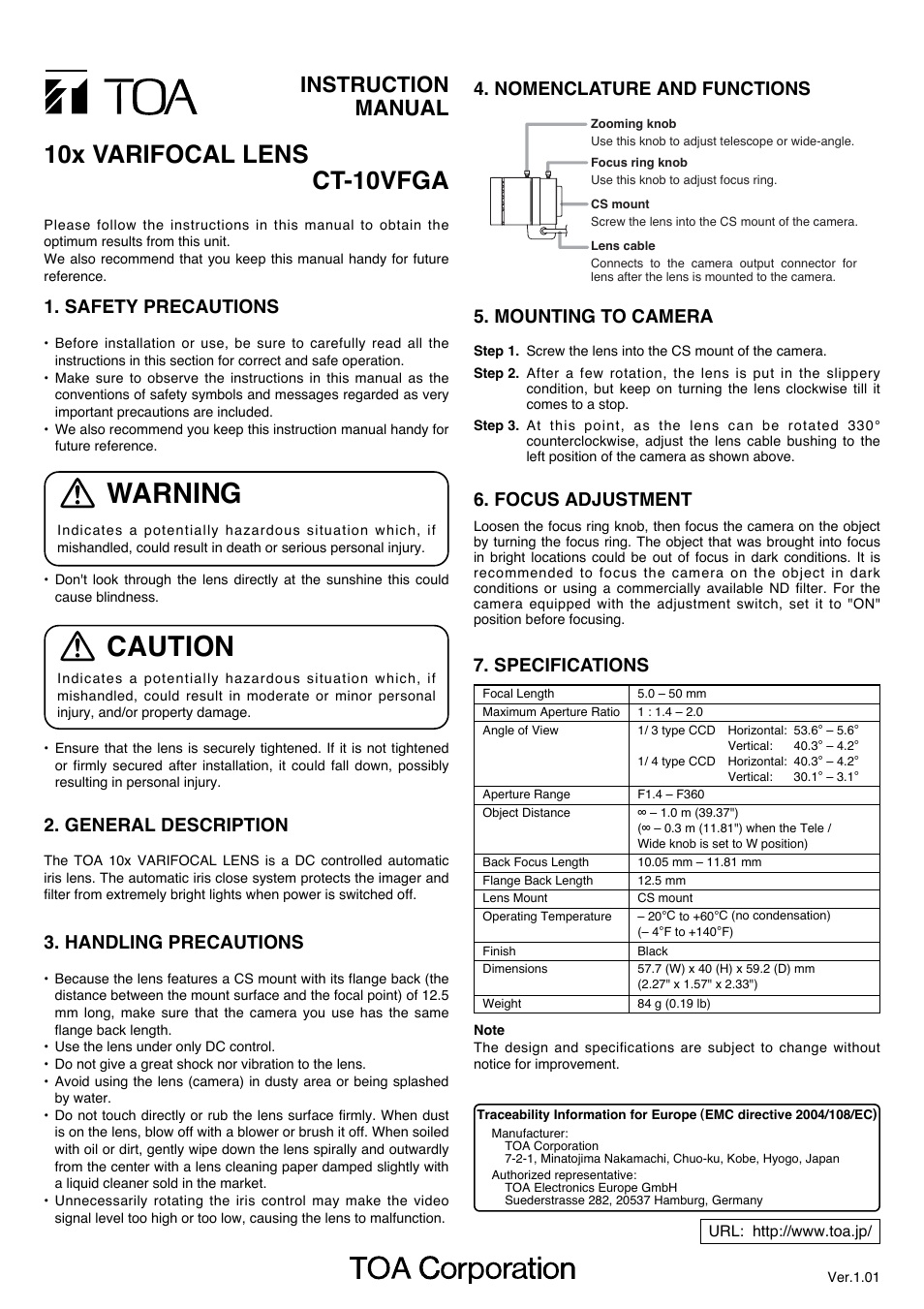 Toa CT-10VFGA User Manual | 1 page