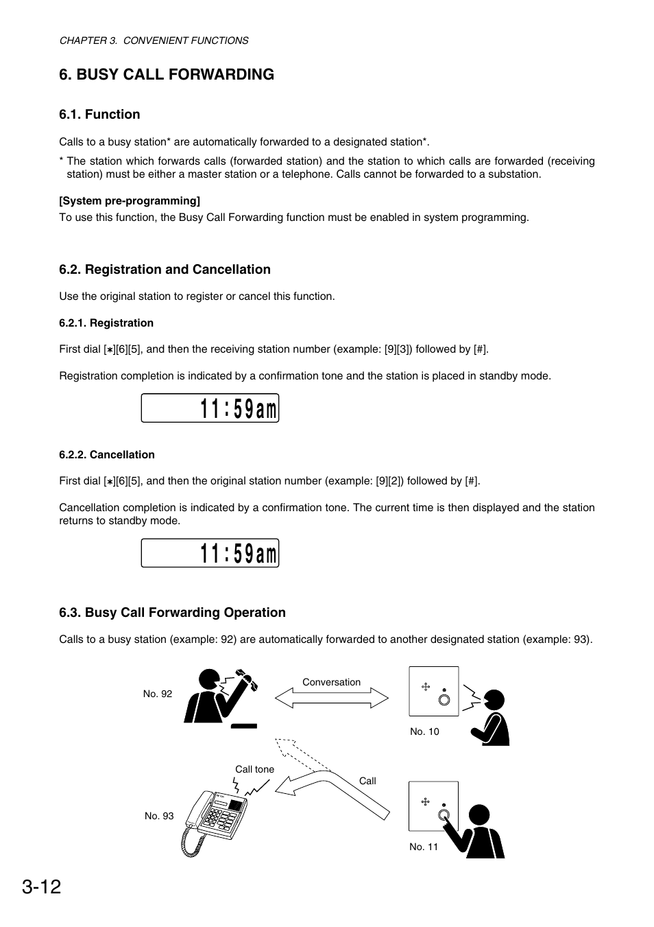 1 1 : 5 9 am, Busy call forwarding | Toa VS-900 User Manual | Page 40 / 72