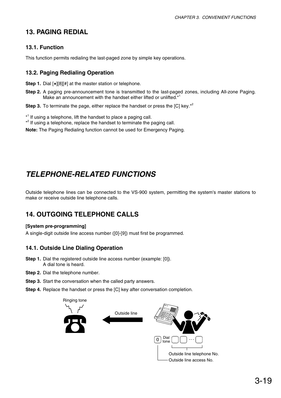 Telephone-related functions, Paging redial, Outgoing telephone calls | Toa VS-900 User Manual | Page 47 / 72