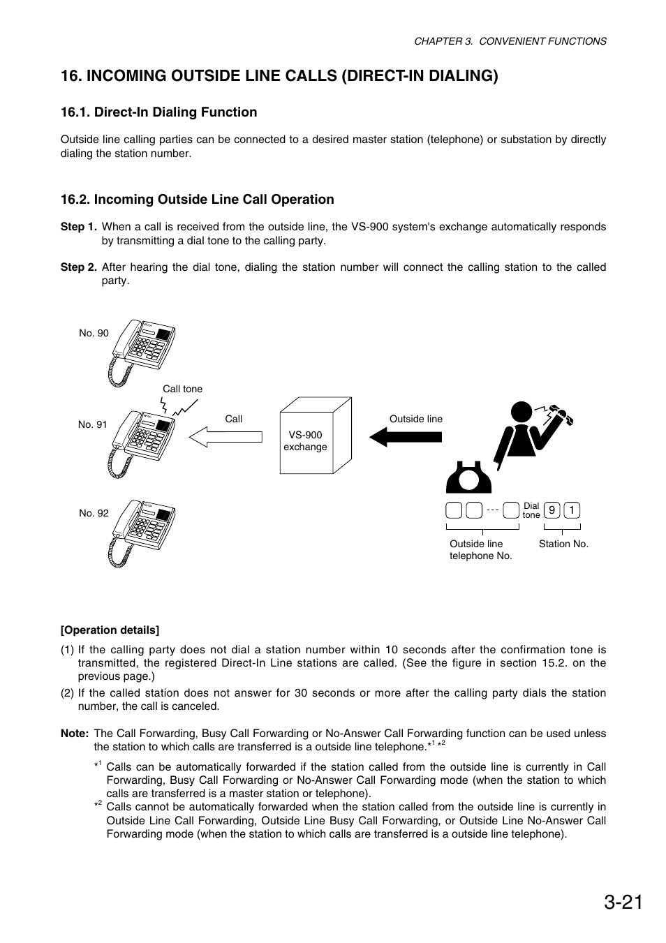 Incoming outside line calls (direct-in dialing), Direct-in dialing function, Incoming outside line call operation | Toa VS-900 User Manual | Page 49 / 72