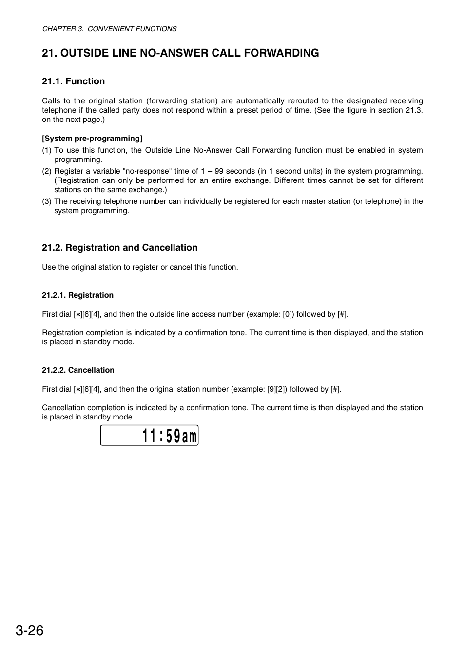 1 1 : 5 9 am, Outside line no-answer call forwarding | Toa VS-900 User Manual | Page 54 / 72