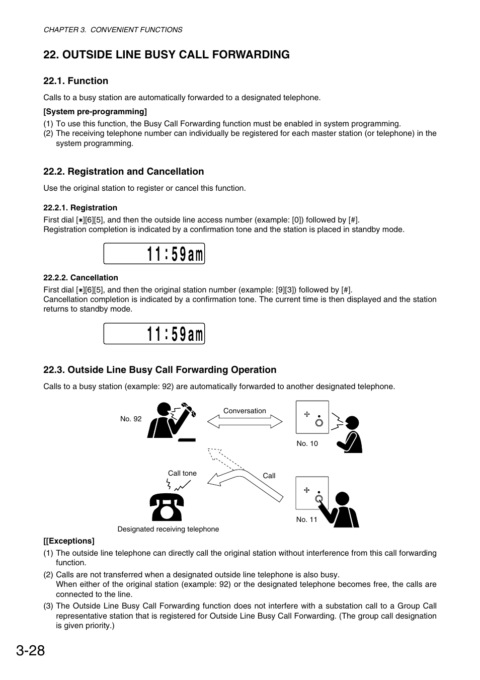1 1 : 5 9 am, Outside line busy call forwarding | Toa VS-900 User Manual | Page 56 / 72
