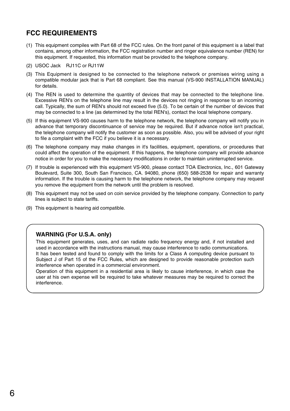 Fcc requirements | Toa VS-900 User Manual | Page 6 / 72