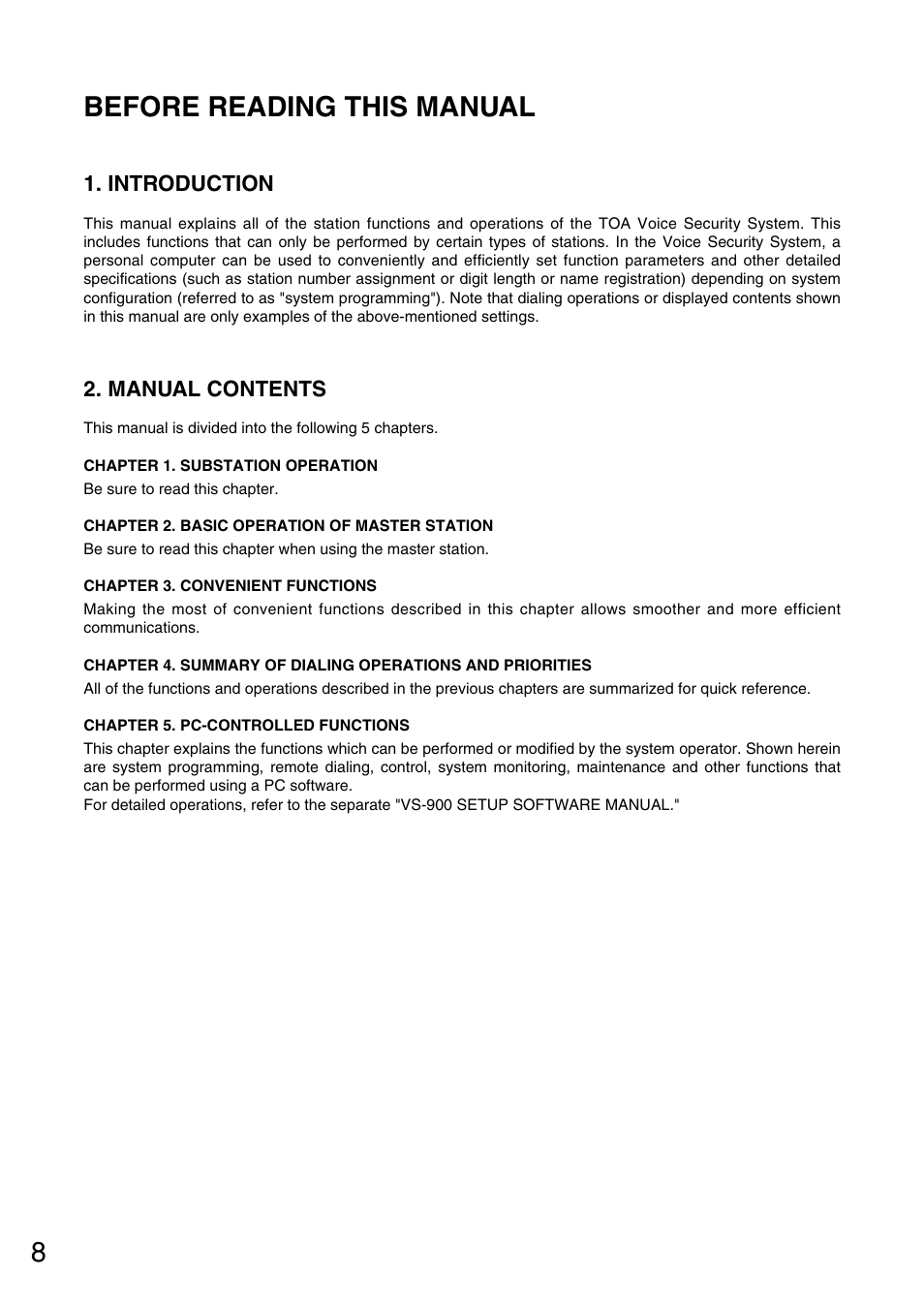 8before reading this manual, Introduction, Manual contents | Toa VS-900 User Manual | Page 8 / 72