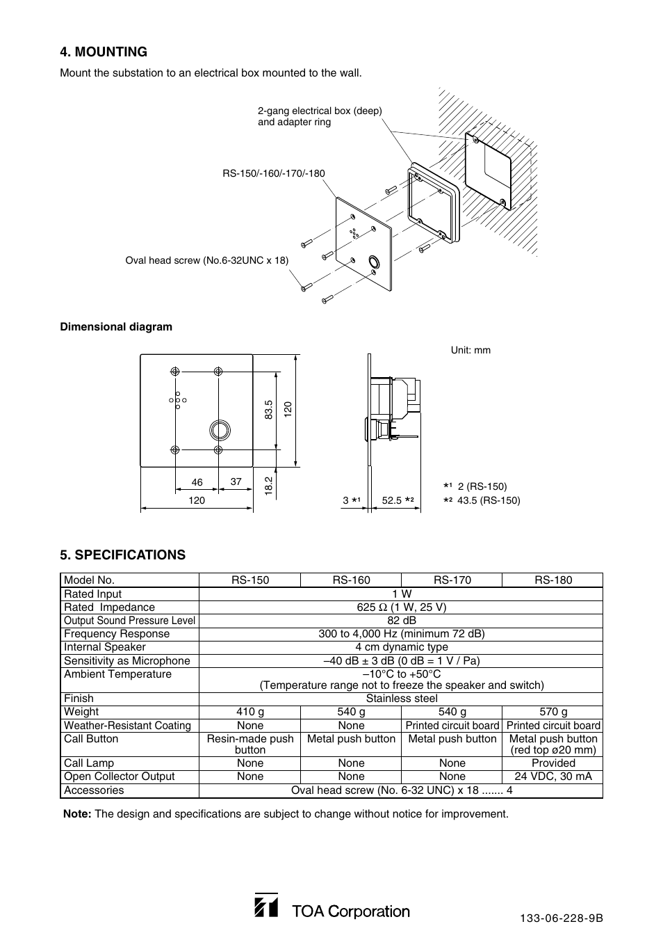 Mounting, Specifications | Toa RS-180 Manual User Manual | Page 2 / 2
