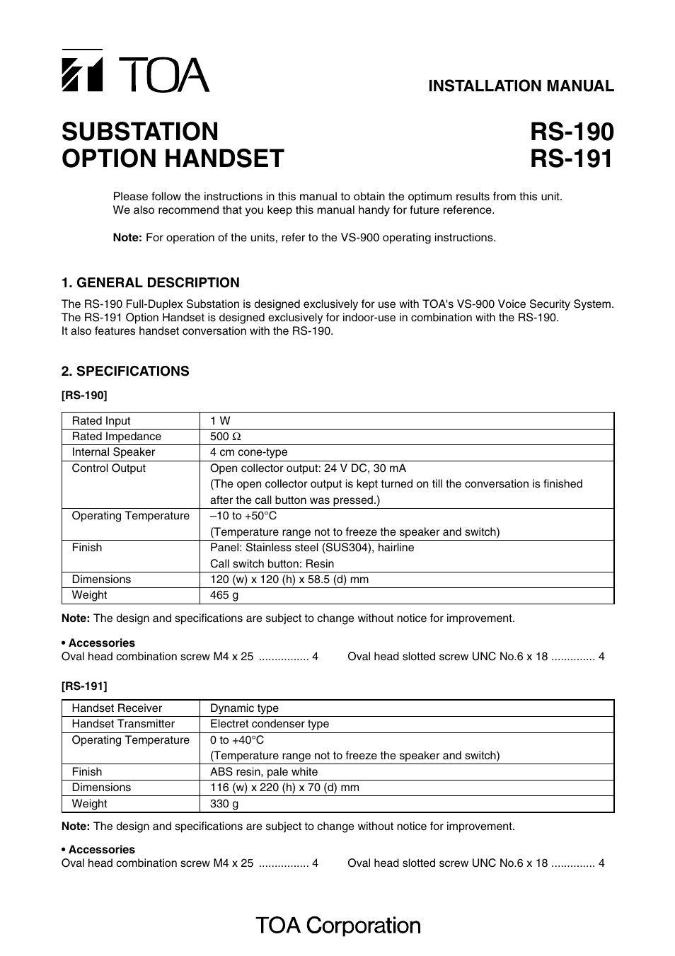 Toa RS-191 User Manual | 2 pages