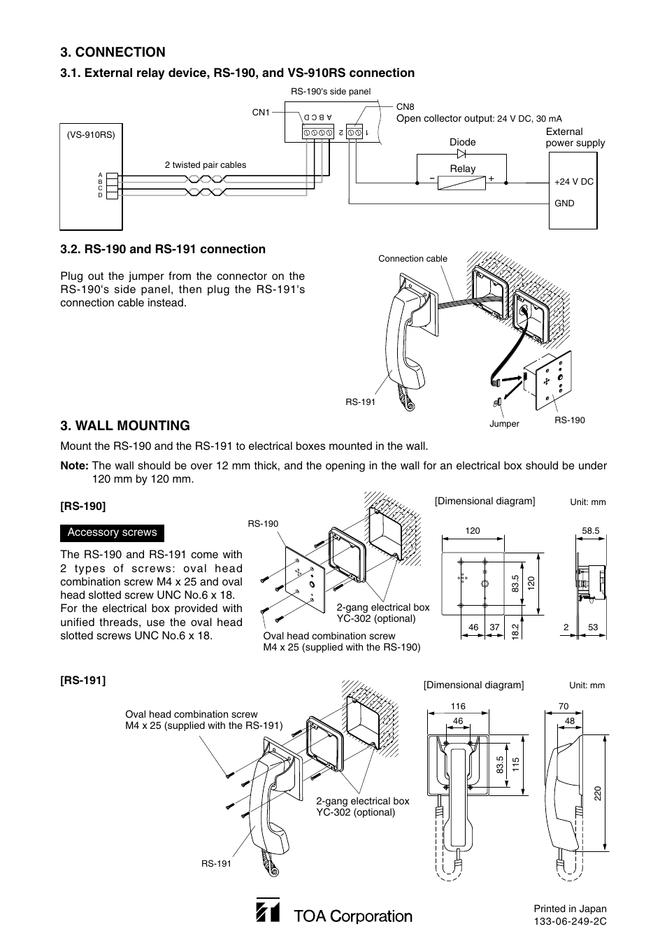 Connection, Wall mounting | Toa RS-191 User Manual | Page 2 / 2
