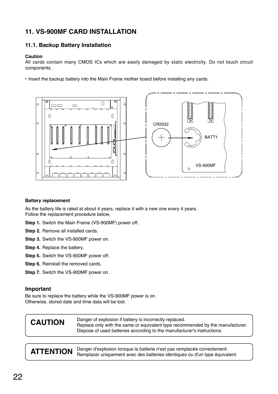 Caution, Attention, Vs-900mf card installation | Toa VS-900 User Manual | Page 22 / 56