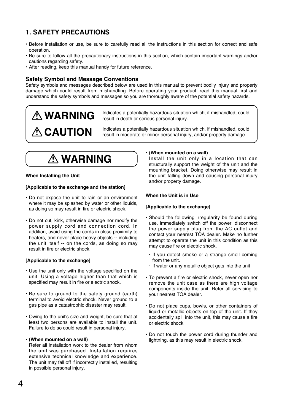 Warning, Warning caution, Safety precautions | Toa VS-900 User Manual | Page 4 / 56