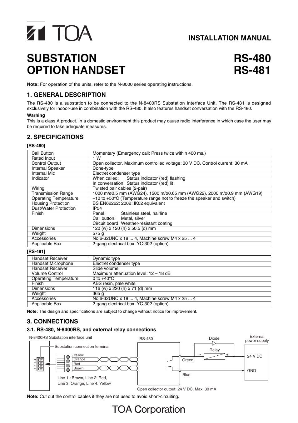 Toa RS-481 User Manual | 2 pages