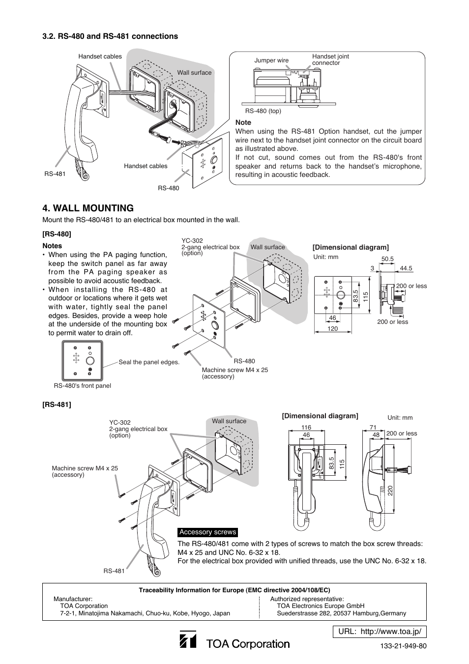 Wall mounting | Toa RS-481 User Manual | Page 2 / 2