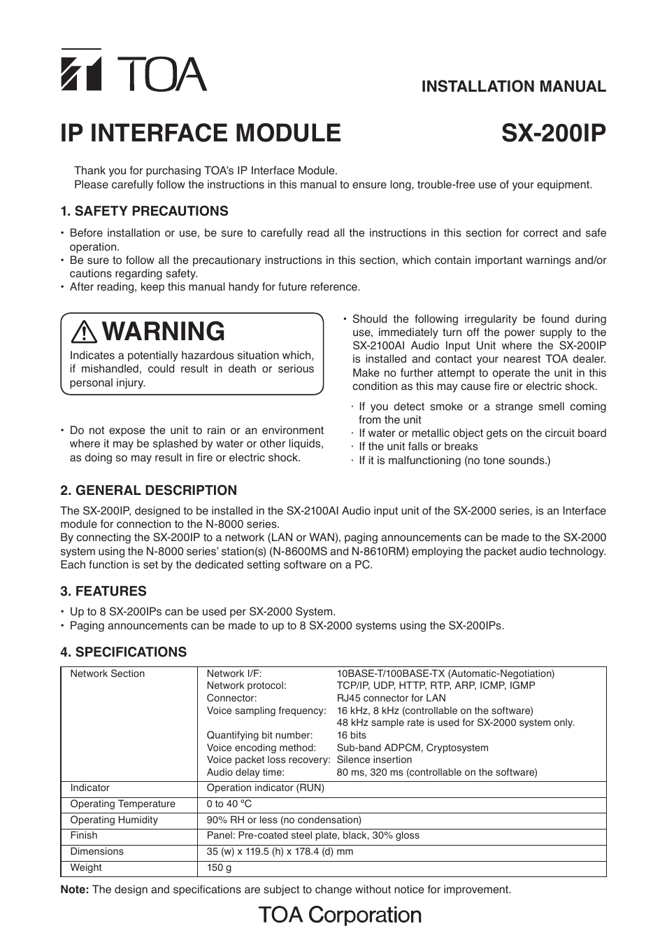 Toa SX-200IP User Manual | 2 pages