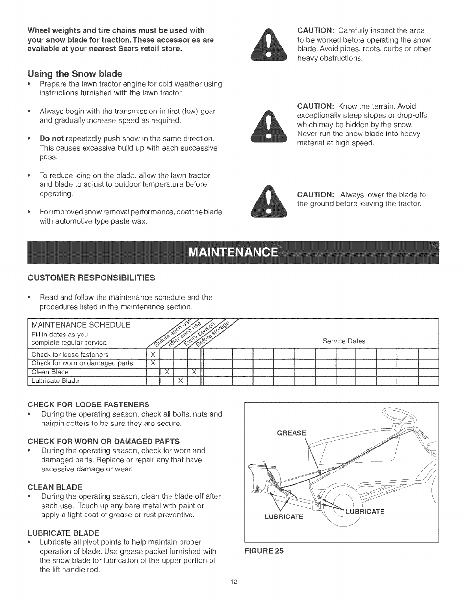 Using the snow blade, Maintenanc | Craftsman 486.24441 User Manual | Page 12 / 20