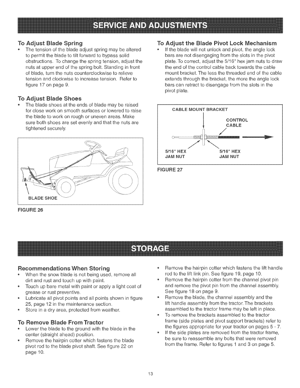 To adjust blade spring, To adjust blade shoes, Recommendations when storing | To remove blade from tractor | Craftsman 486.24441 User Manual | Page 13 / 20