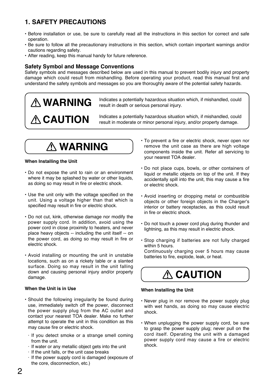 Warning, Warning caution caution, Safety precautions | Toa BC-900 User Manual | Page 2 / 12