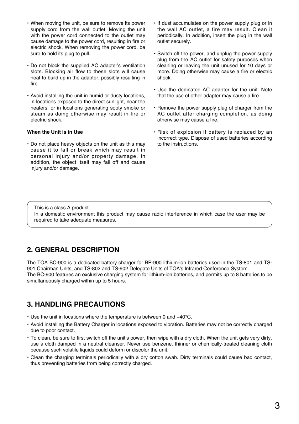 General description, Handling precautions | Toa BC-900 User Manual | Page 3 / 12