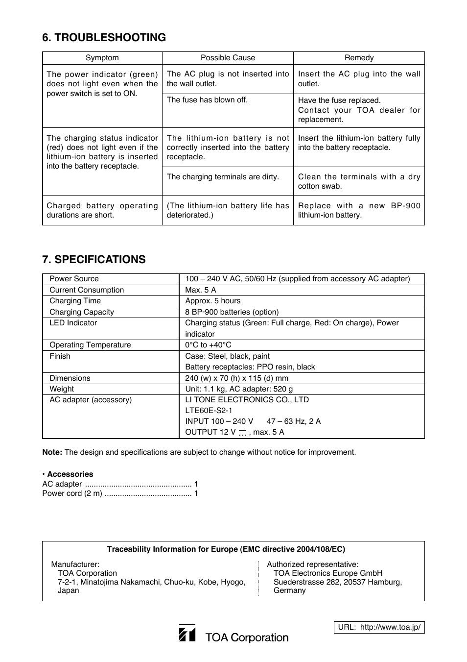 Specifications, Troubleshooting | Toa BC-900 User Manual | Page 6 / 12