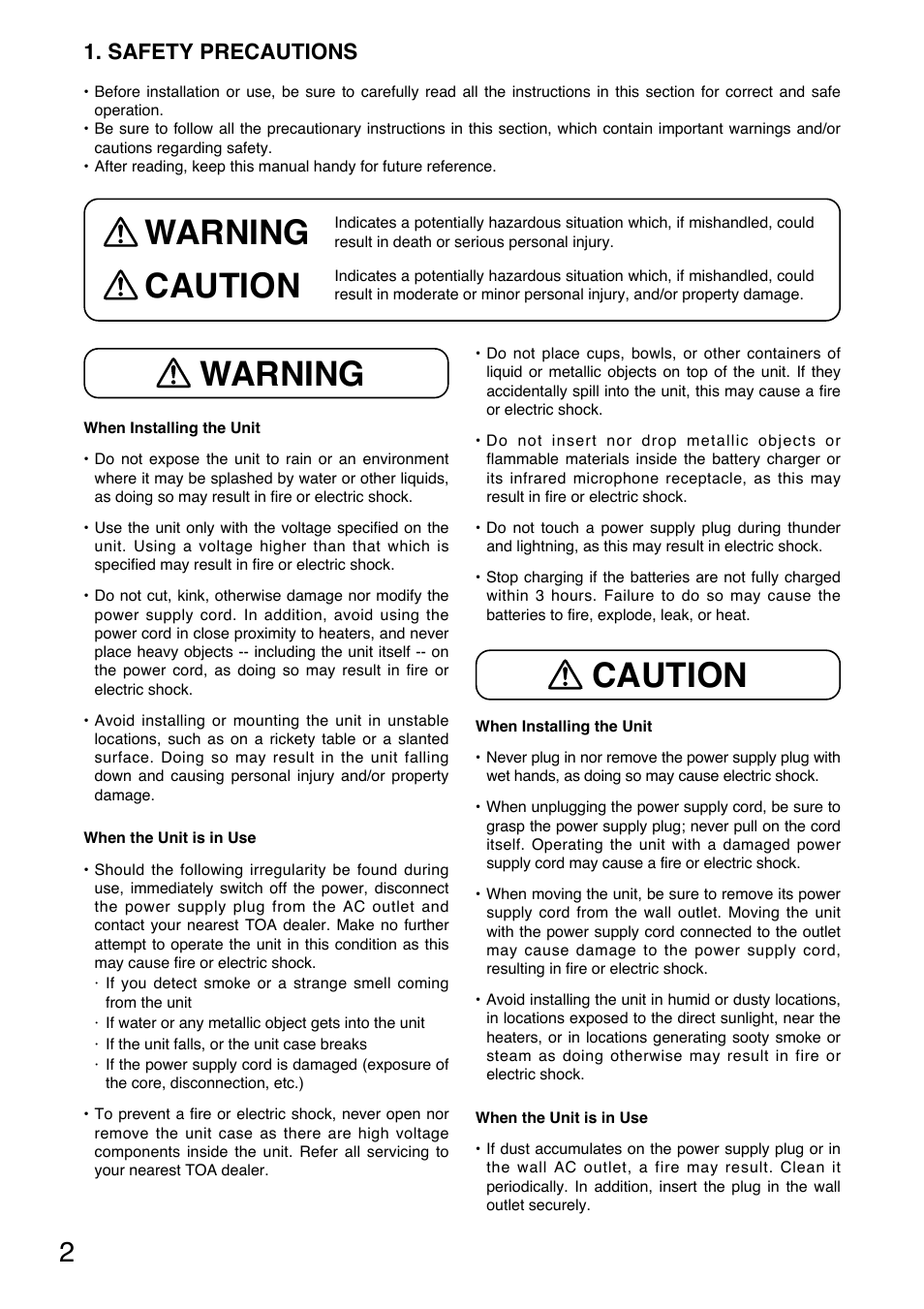 Warning, Warning caution caution, Safety precautions | Toa IR-200BC User Manual | Page 2 / 16