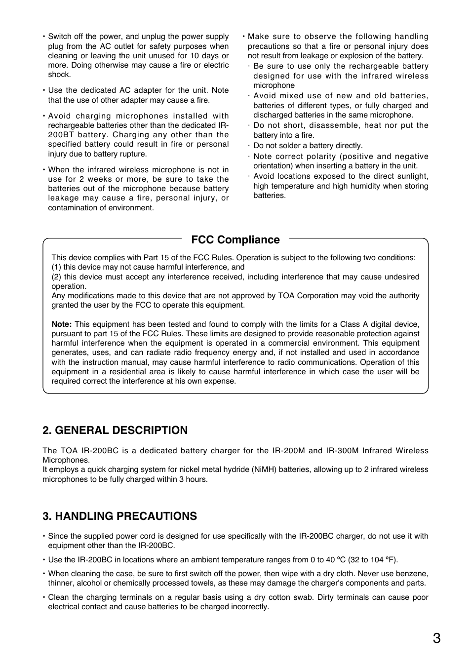 General description, Handling precautions, Fcc compliance | Toa IR-200BC User Manual | Page 3 / 16