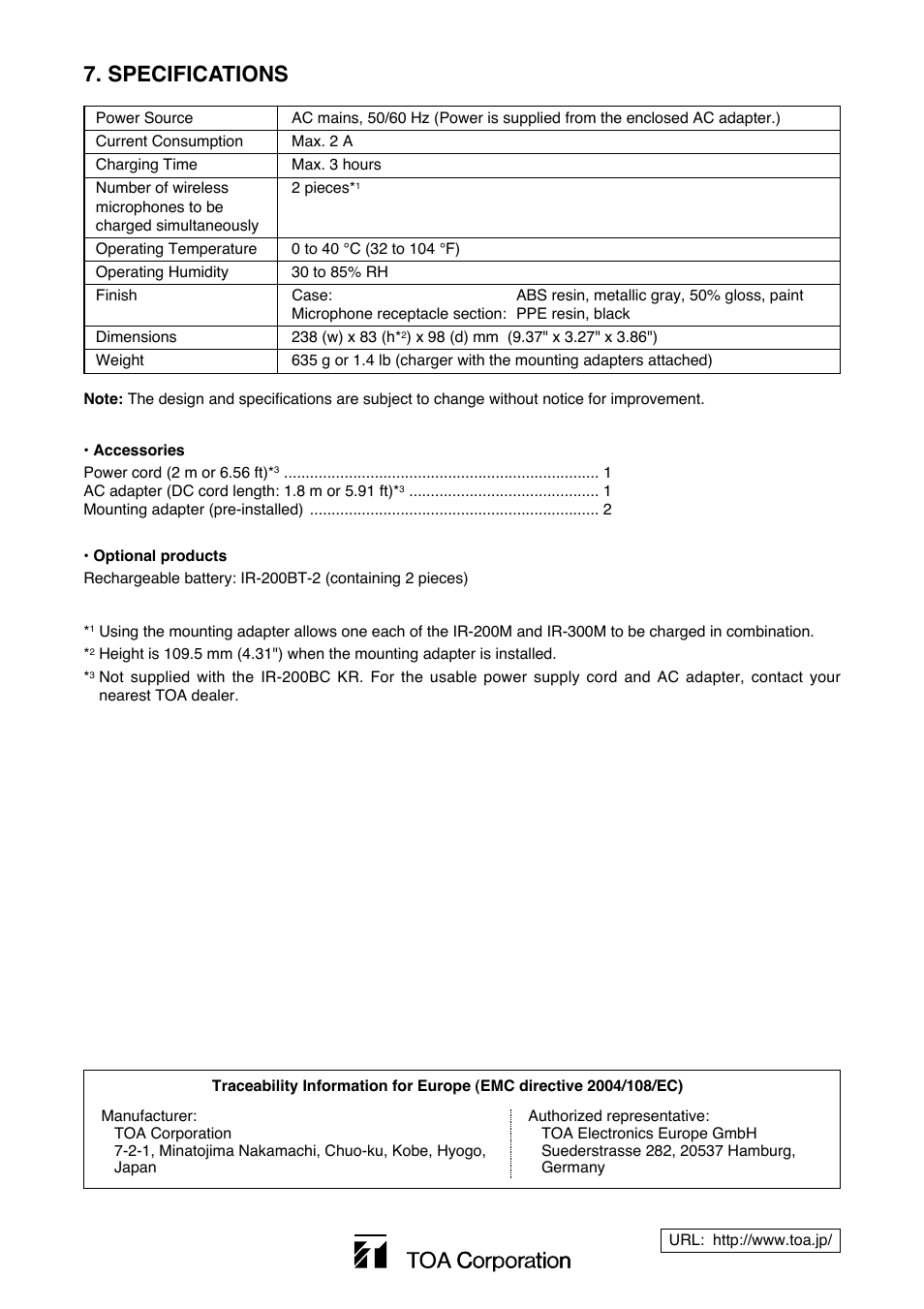Specifications | Toa IR-200BC User Manual | Page 8 / 16