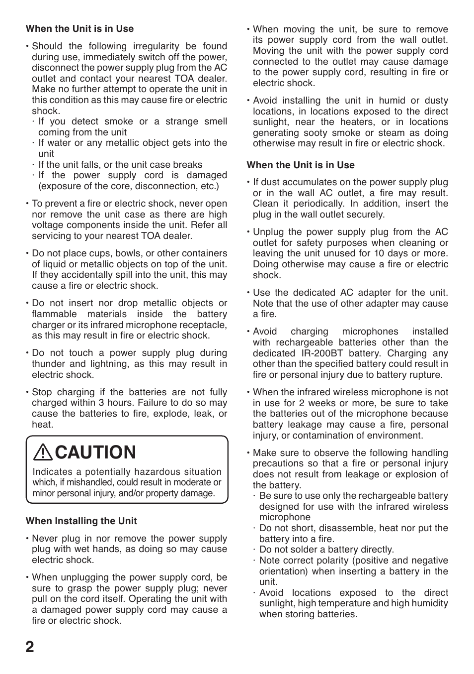 Caution | Toa IR-310BC User Manual | Page 2 / 8