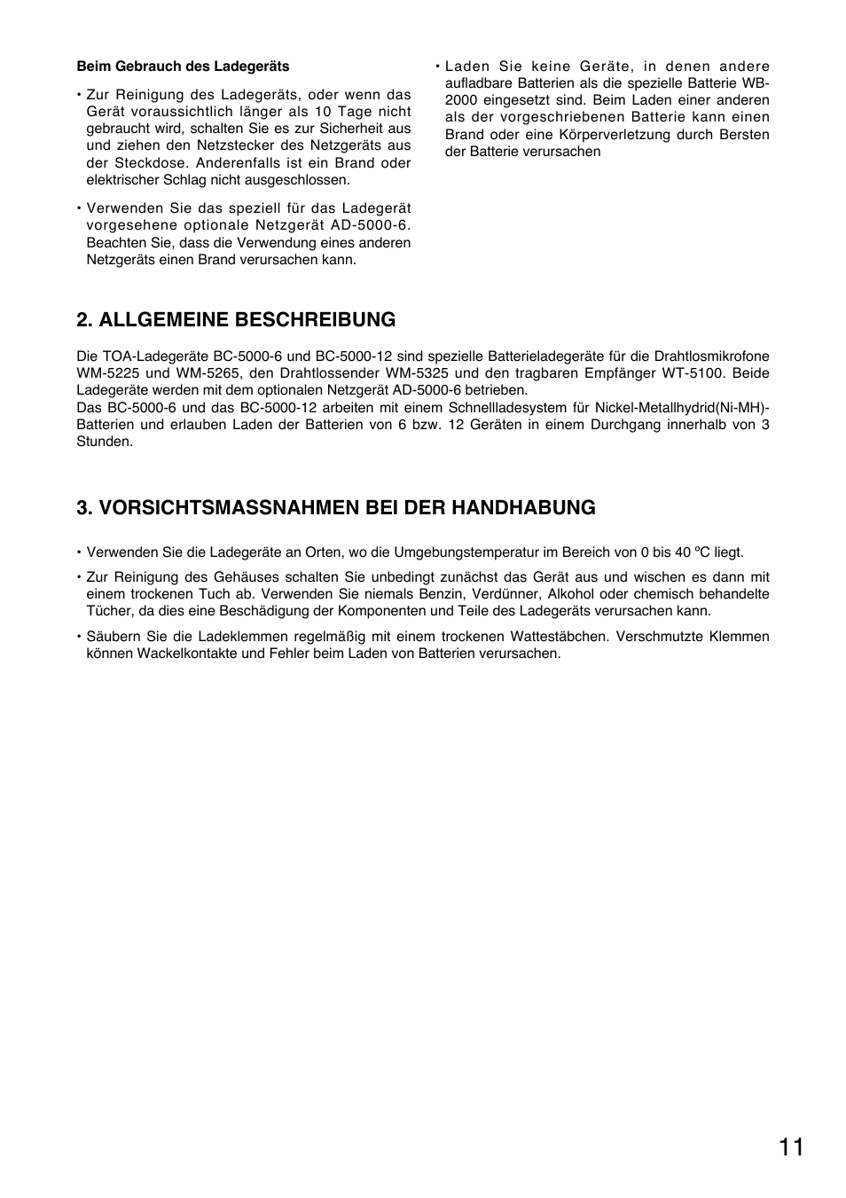 Allgemeine beschreibung, Vorsichtsmassnahmen bei der handhabung | Toa BC-5000-12 User Manual | Page 11 / 44