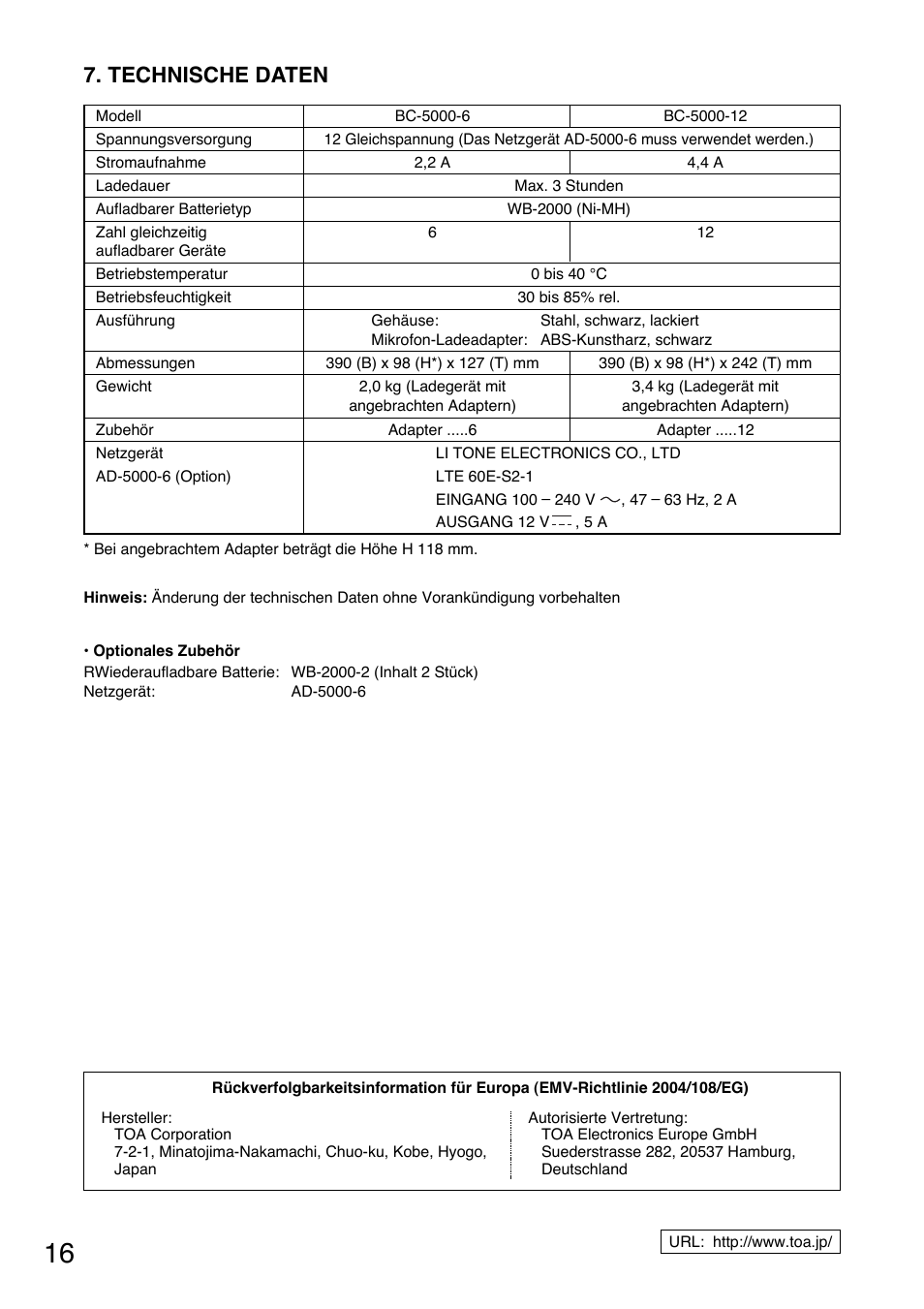 Technische daten | Toa BC-5000-12 User Manual | Page 16 / 44