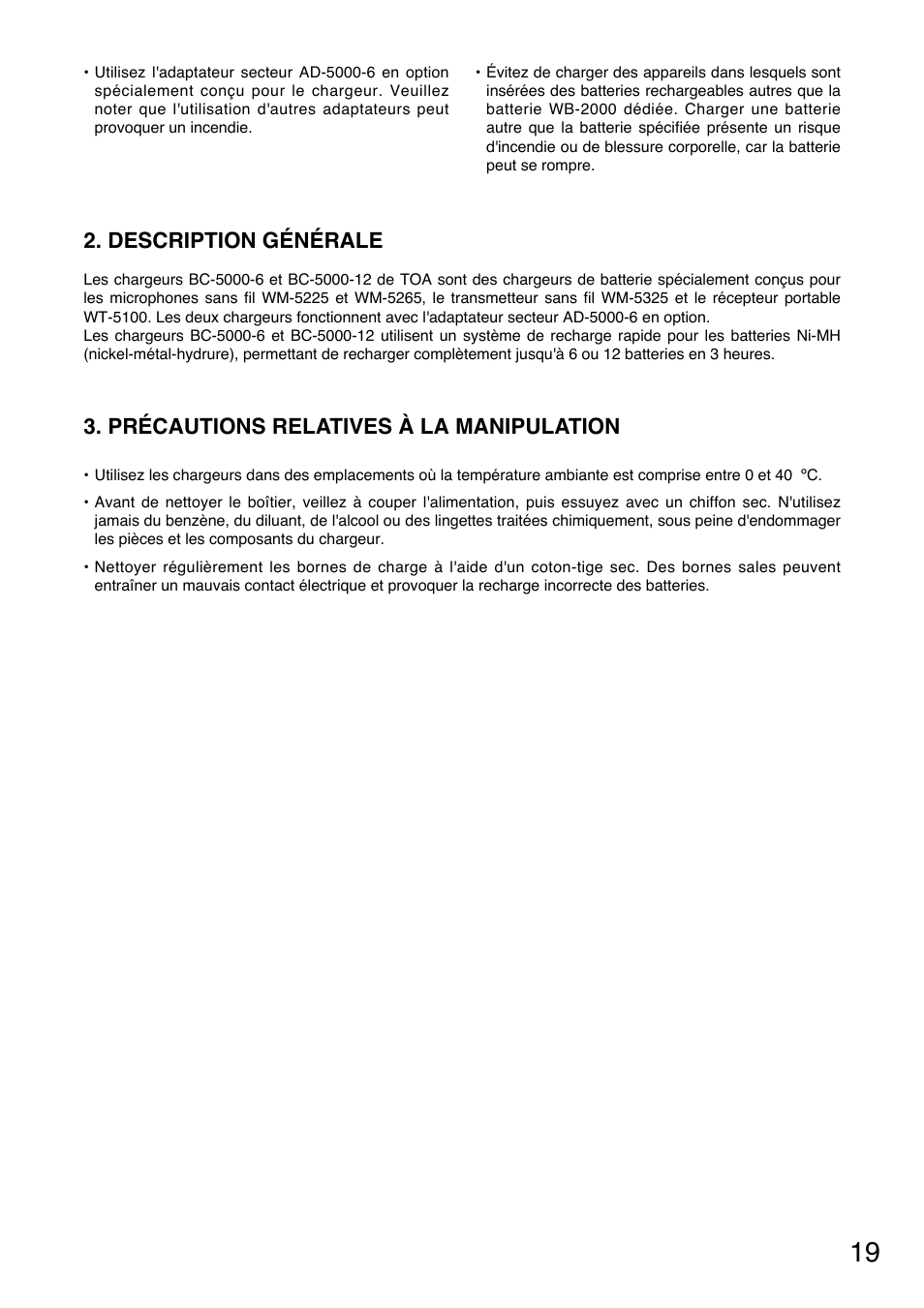 Description générale, Précautions relatives à la manipulation | Toa BC-5000-12 User Manual | Page 19 / 44