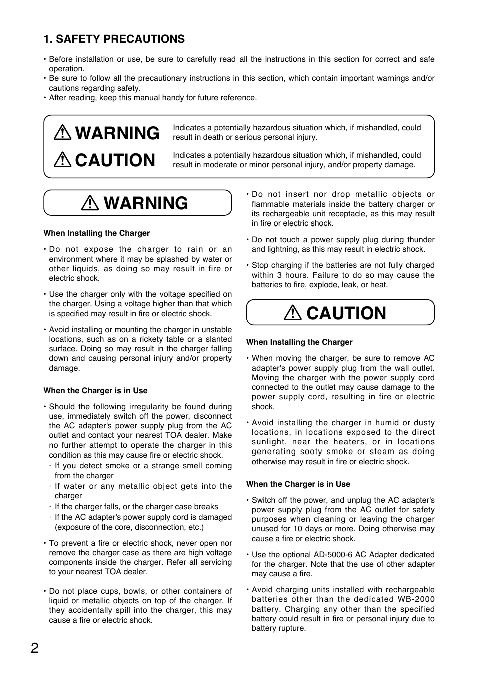 Warning, Warning caution caution, Safety precautions | Toa BC-5000-12 User Manual | Page 2 / 44