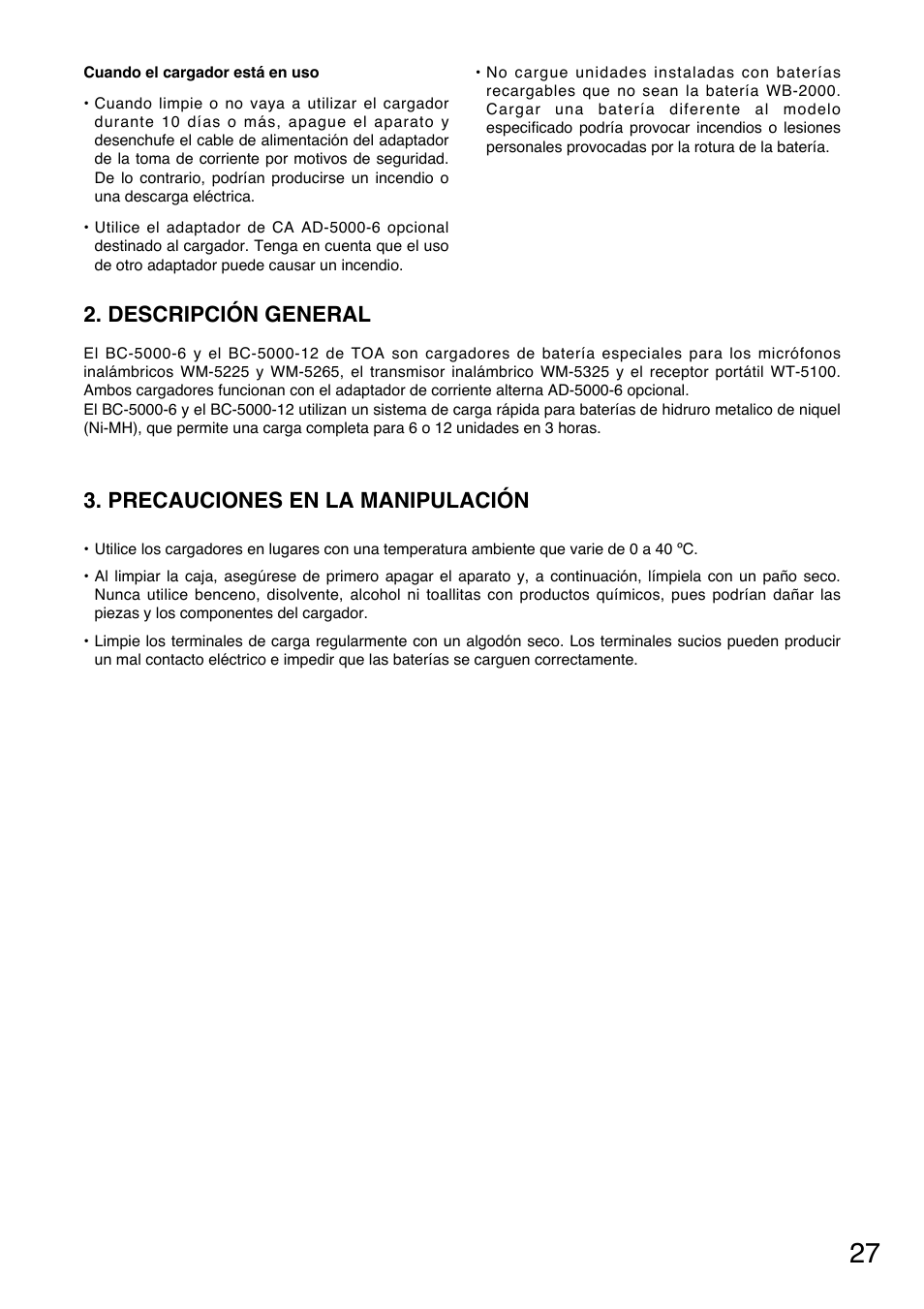 Descripción general, Precauciones en la manipulación | Toa BC-5000-12 User Manual | Page 27 / 44