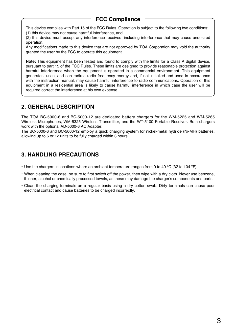 General description, Handling precautions, Fcc compliance | Toa BC-5000-12 User Manual | Page 3 / 44