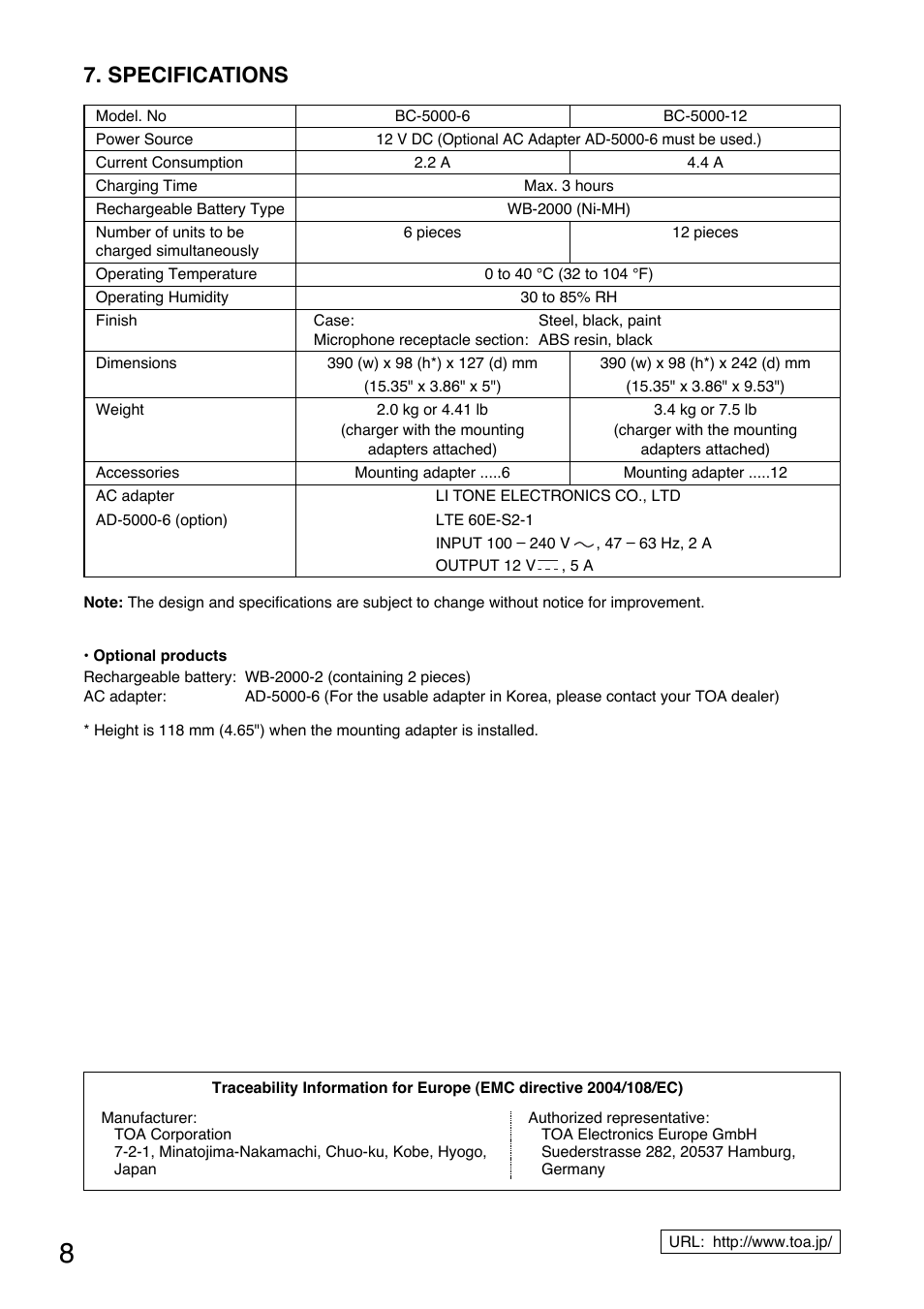 Specifications | Toa BC-5000-12 User Manual | Page 8 / 44