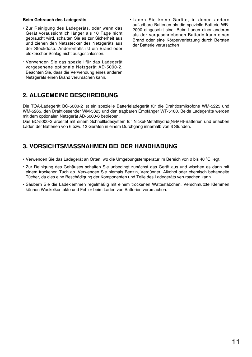 Allgemeine beschreibung, Vorsichtsmassnahmen bei der handhabung | Toa BC-5000-2 User Manual | Page 11 / 44