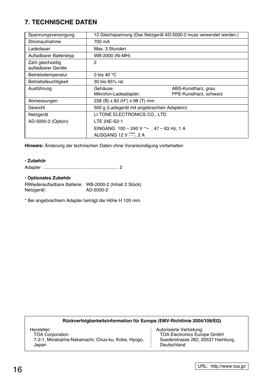 Technische daten | Toa BC-5000-2 User Manual | Page 16 / 44