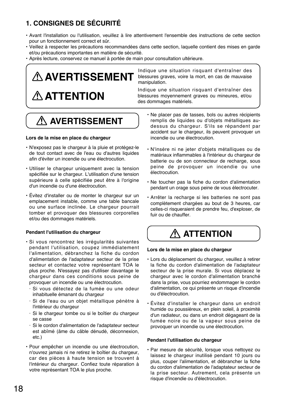 Avertissement attention, Avertissement, Attention | Consignes de sécurité | Toa BC-5000-2 User Manual | Page 18 / 44