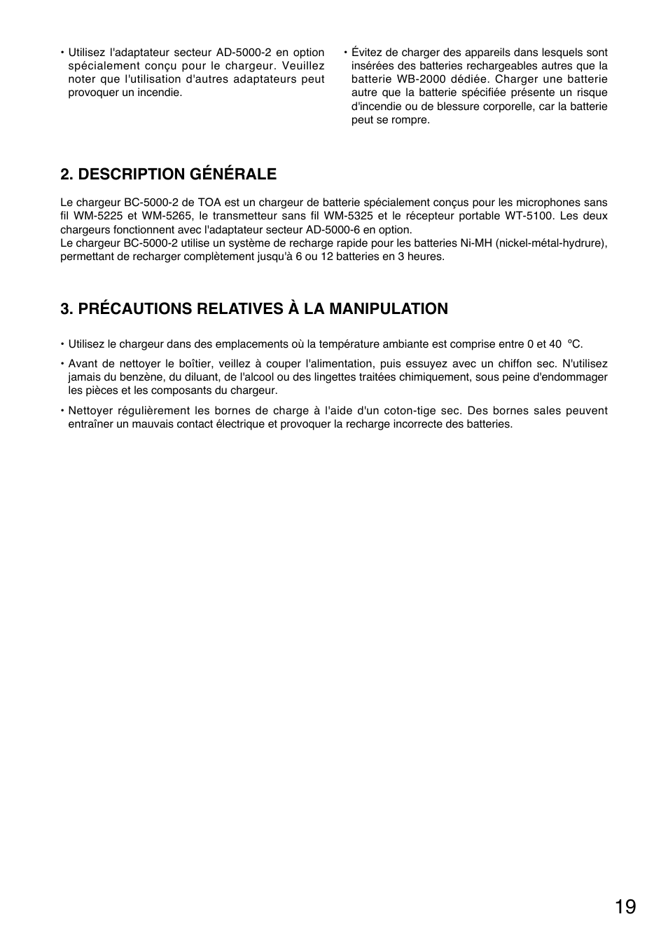 Description générale, Précautions relatives à la manipulation | Toa BC-5000-2 User Manual | Page 19 / 44