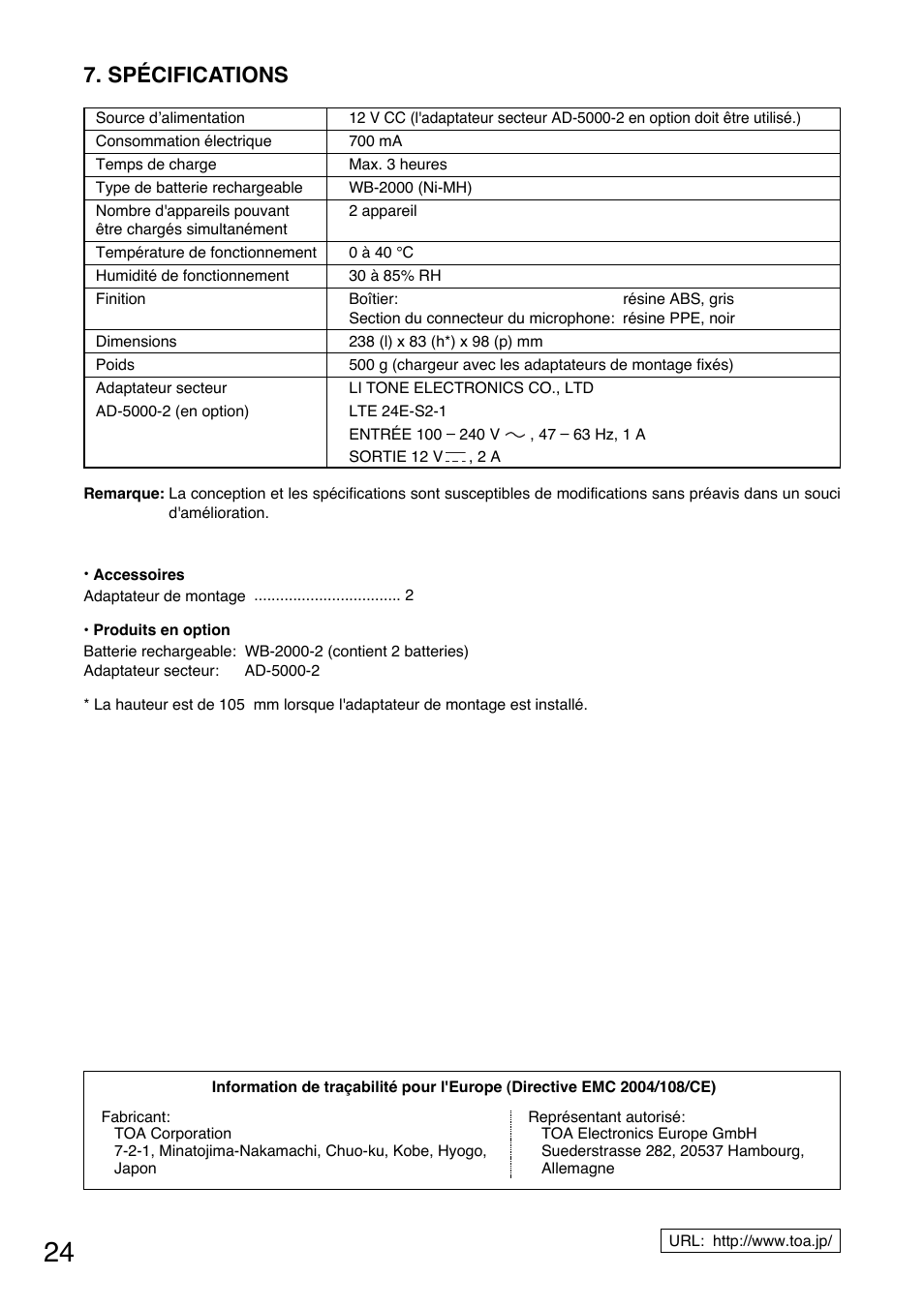 Spécifications | Toa BC-5000-2 User Manual | Page 24 / 44