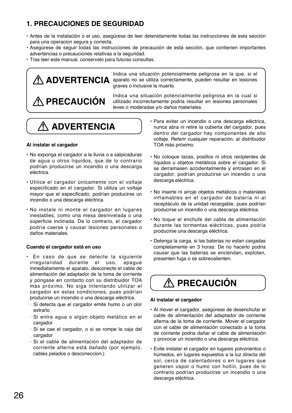 Advertencia, Advertencia precaución precaución, Precauciones de seguridad | Toa BC-5000-2 User Manual | Page 26 / 44