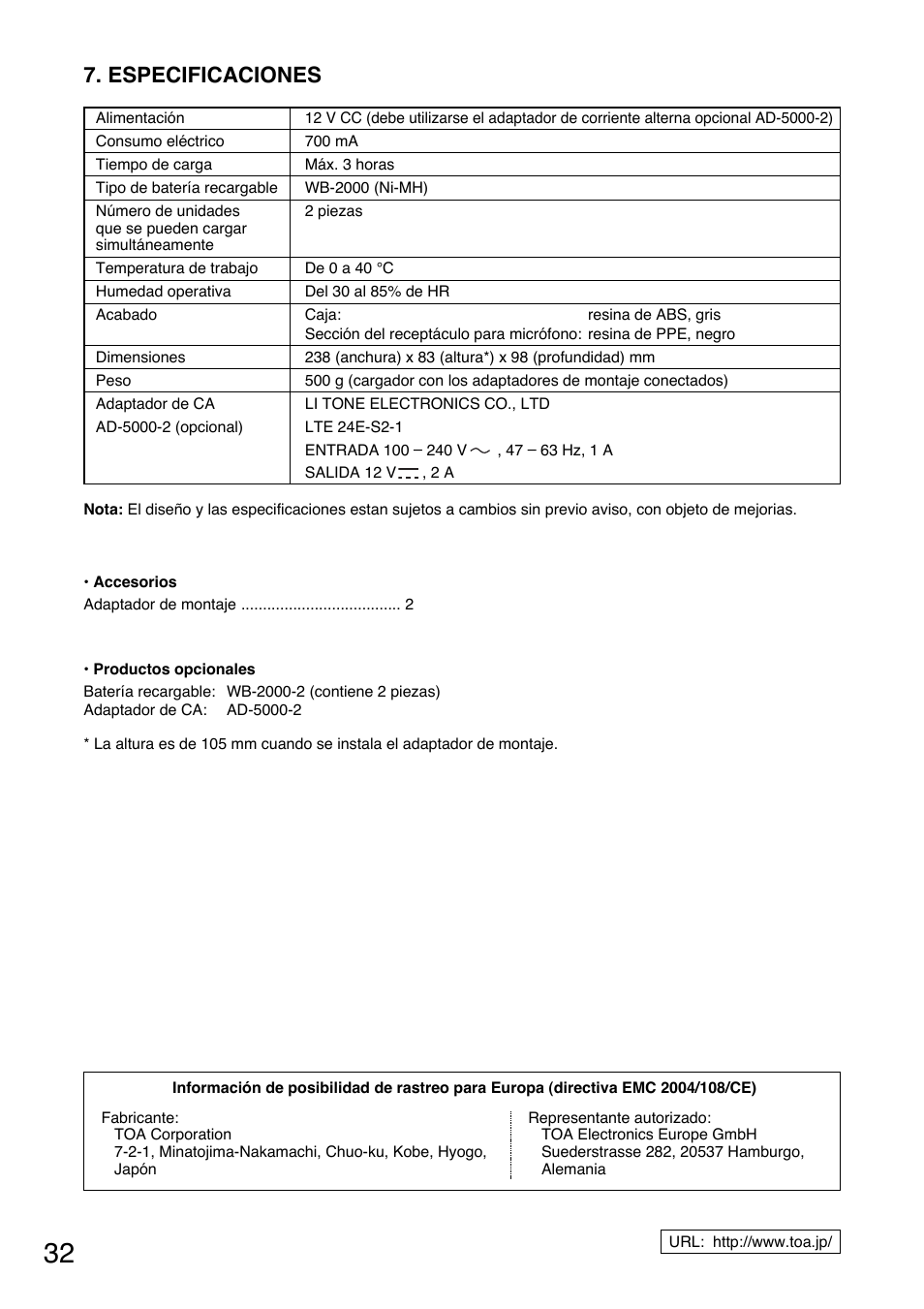 Especificaciones | Toa BC-5000-2 User Manual | Page 32 / 44