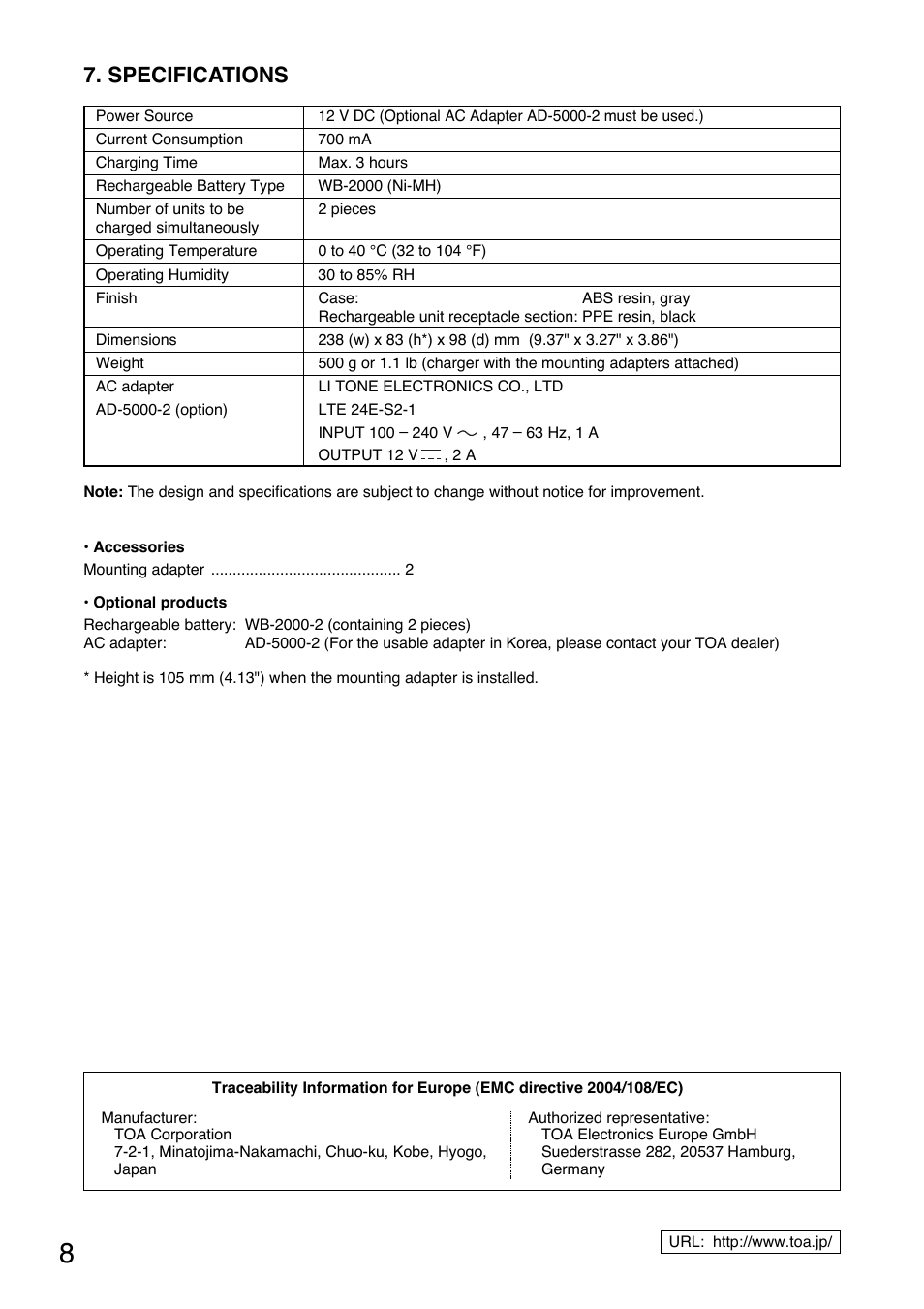 Specifications | Toa BC-5000-2 User Manual | Page 8 / 44
