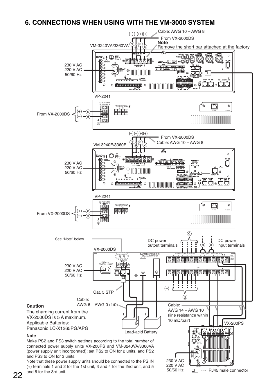 Connections when using with the vm-3000 system, Vp-2241, Cable: awg 6 – awg 0 (1/0) | Toa VX-200PS SA User Manual | Page 22 / 32