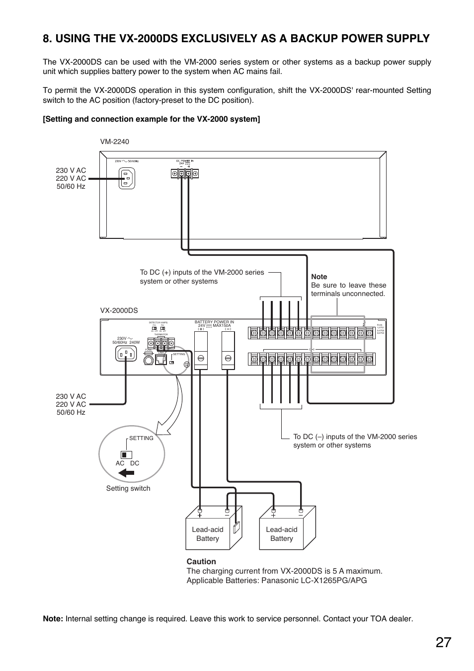 Lead-acid battery lead-acid battery, Setting switch | Toa VX-200PS SA User Manual | Page 27 / 32