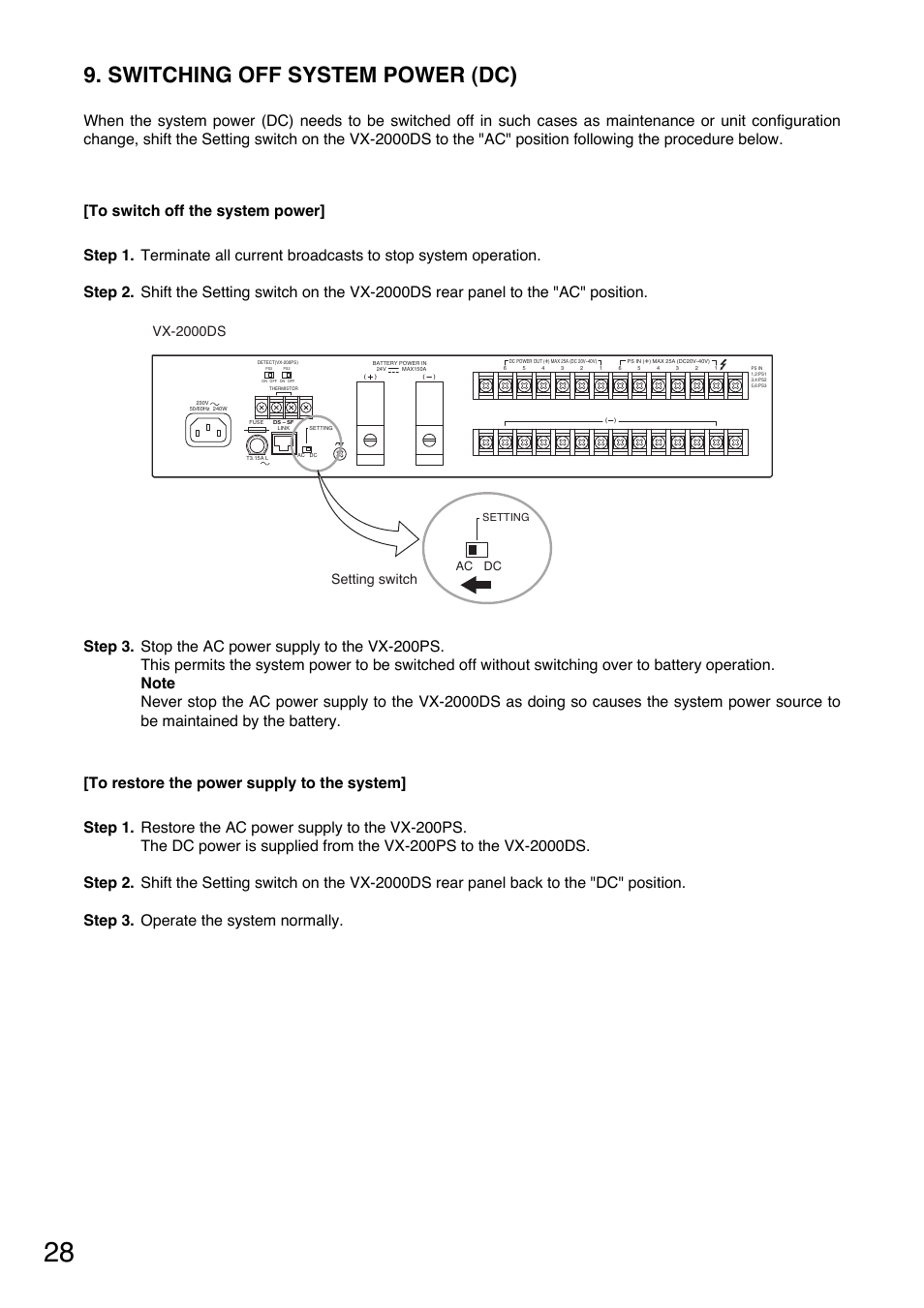 Switching off system power (dc), Vx-2000ds setting switch, Dc ac | Toa VX-200PS SA User Manual | Page 28 / 32
