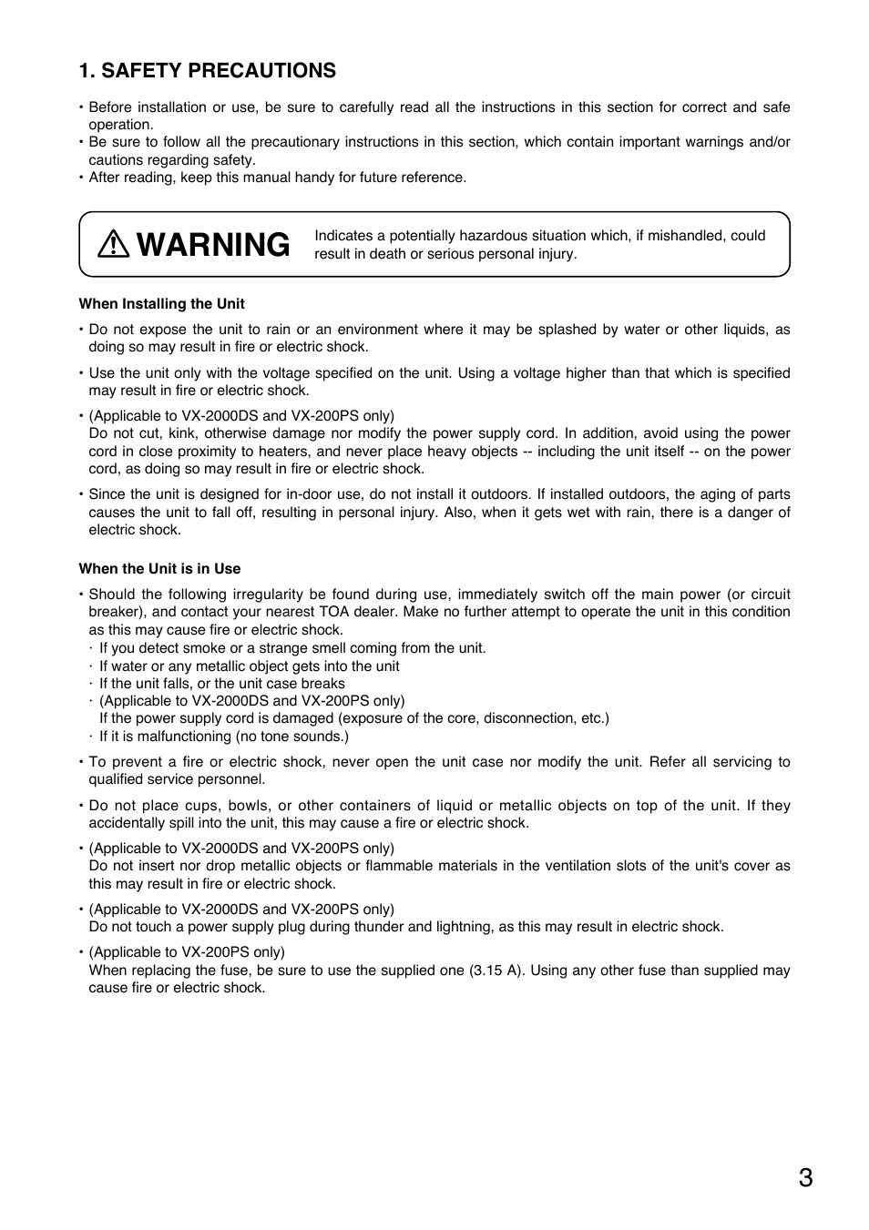 Warning, Safety precautions | Toa VX-200PS SA User Manual | Page 3 / 32