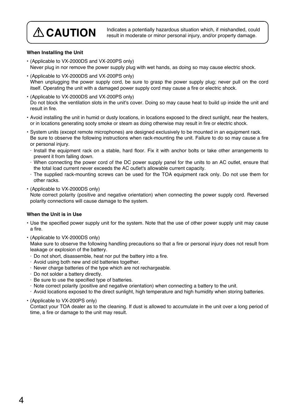 Caution | Toa VX-200PS SA User Manual | Page 4 / 32