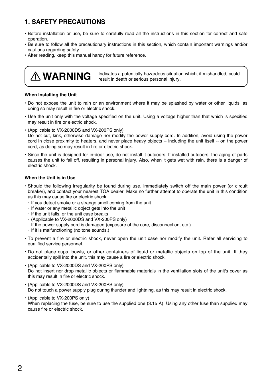 Warning, Safety precautions | Toa VX-200PS ER User Manual | Page 2 / 28