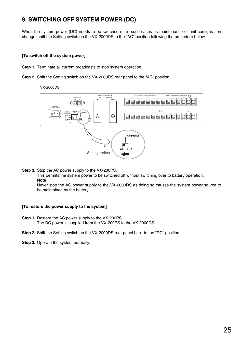 Switching off system power (dc), Vx-2000ds setting switch | Toa VX-200PS ER User Manual | Page 25 / 28